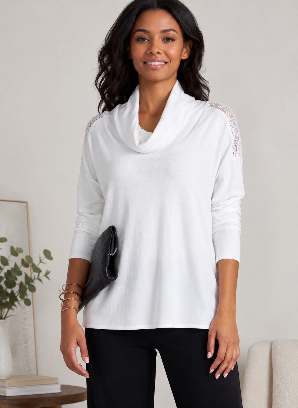 H Halston Cowl Neck Lace Shoulder Sweater White Long Sleeve Top M NWT
